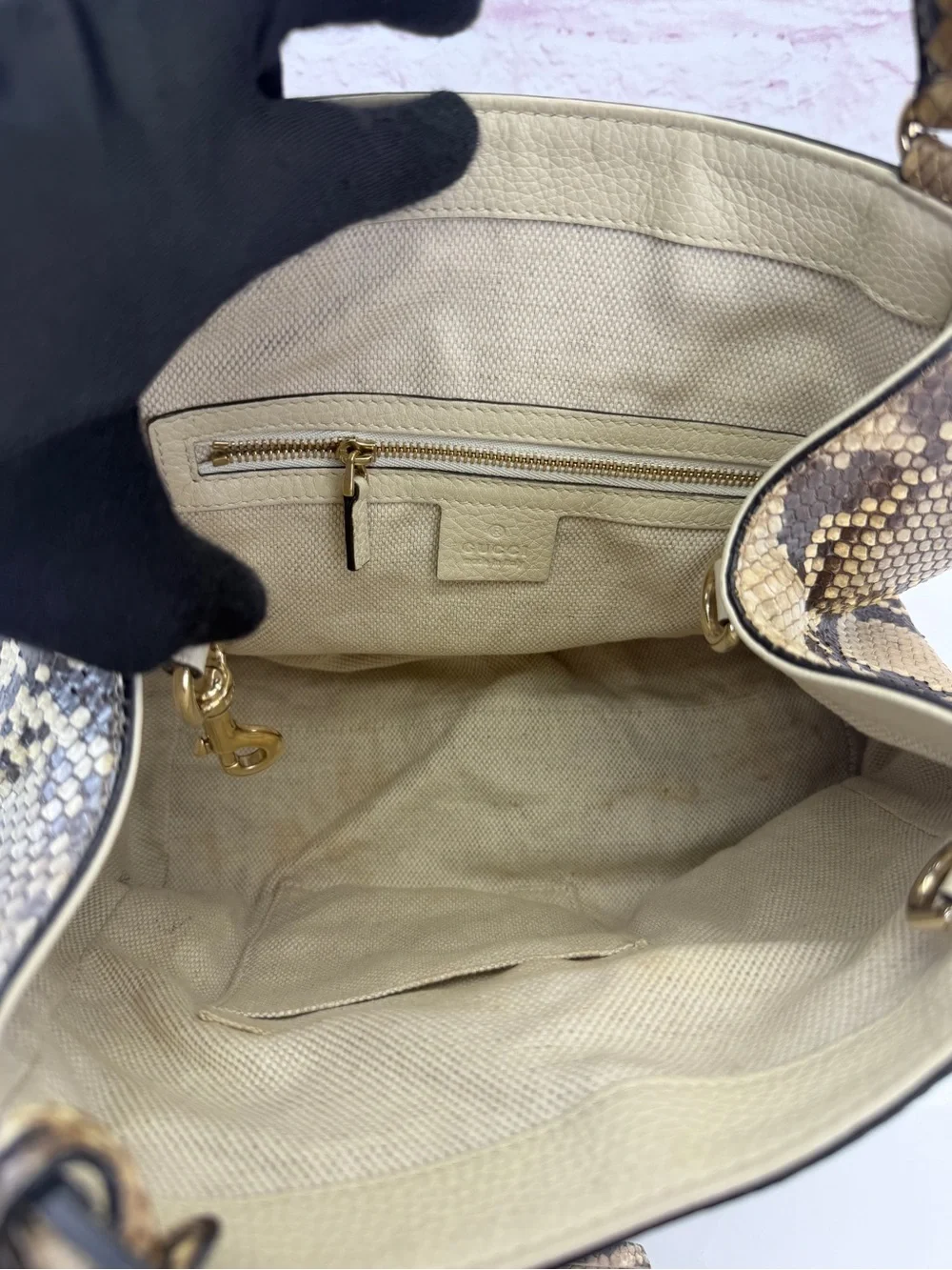 Gucci Rare SoHo Python-Print Top Handle Tote in Beige and Brown